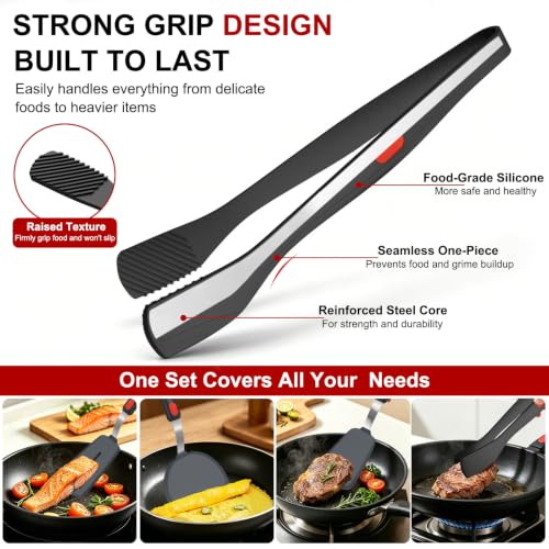 Beijiyi 4-Piece Silicone Spatula Turner and Tongs Set, 600°F Heat Resistant | BPA Free, Nonstick Cookware & Ceramic Pan Safe, Flexible for Cooking, Flipping, Non-Toxic Kitchen Utensils, Dishwasher Safe