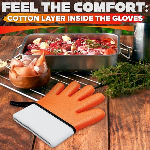Silicone Oven Gloves with Fingers – Dual-Layer Silicone Gloves for Cooking, Heat & Oil Resistant with Soft Inner Cotton Padding – Non-Slip Oven Mitts for Grilling, Baking, Hot Tray, Smoker & Fryer Use