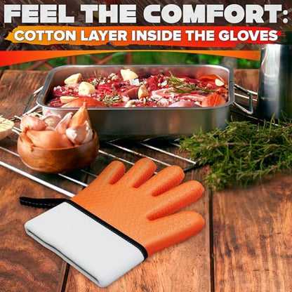 Silicone Oven Gloves with Fingers – Dual-Layer Silicone Gloves for Cooking, Heat & Oil Resistant with Soft Inner Cotton Padding – Non-Slip Oven Mitts for Grilling, Baking, Hot Tray, Smoker & Fryer Use