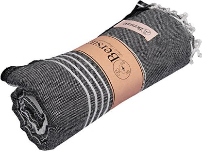 Bersuse Towels Anatolia XL Beach Blanket Throw Blanket Turkish Towel 100% Cotton Extra-Large Quick-Dry Lightweight Premium Peshtemal Towel - 61x82 Inches, Black - color: Black