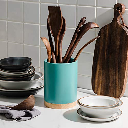 Sweejar Kitchen Utensil Holder with Wooden Bottom, 6.7" Ceramic Utensil Crock to Hold Spatulas for Cooking Countertop, Housewarming, Wedding, Birthday Gift (Turquoise) - color: Turquoise