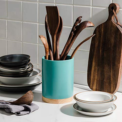 Sweejar Kitchen Utensil Holder with Wooden Bottom, 6.7" Ceramic Utensil Crock to Hold Spatulas for Cooking Countertop, Housewarming, Wedding, Birthday Gift (Turquoise) - color: Turquoise
