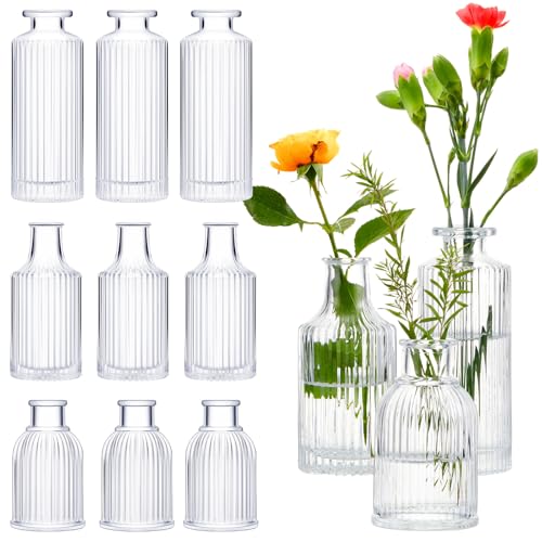 12 Sets Ribbed Glass Bud Vases Set for Flowers in Bulk Mini Smal Mini Ribbed Vases for Centerpiece Table Decorative Wedding Reception, Party, Home Decor, Housewarming Gift