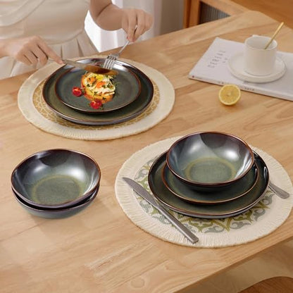 Herogo Stoneware Dinnerware Sets for 6, 24 Piece Ceramic Dinner Dishes Set, Irregular Handmade Plates and Bowls Dishware, Crack and Scratch Resistant, Reactive Glaze, Lichen Green - color: Lichen Green, size: 6 Set (24pcs)