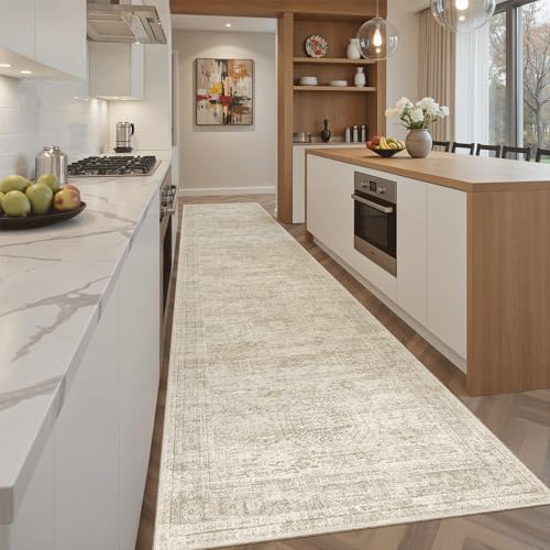 Soalmost Hallway Runner Rug 2'6"x10' Non-Slip Runners for Kitchen Beige | Washable Vintage Long Rugs 2.5x10ft Bathroom, Thin Low Pile Foldable 10ft Floor Carpet Mat for Entryway Corridor Bedroom - color: Beige, size: 2'6" x 10' (Runner)