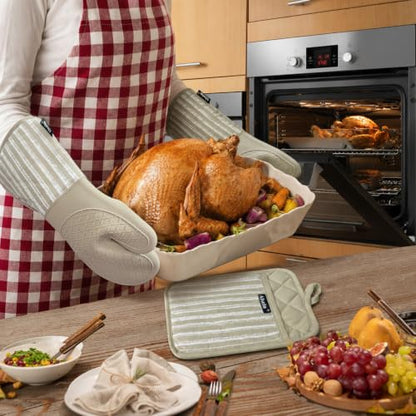 Alselo Silicone Oven Mitts Heat Resistant 932℉ with Waterproof & Non-Slip | Kitchen Mittens Set of 2,Extra Long 7.5"x15" Oven Gloves with Soft Cotton Terry Lining for Baking Cooking BBQ (Khaki,2) - color: Khaki