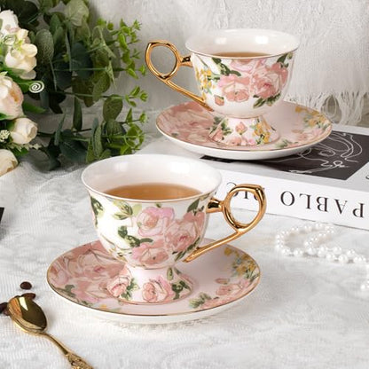 KAMMAK Tea Cups and Saucers Set of 2, Fine Bone China Coffee Cups, NX025 | Stackable Espresso Mugs, Ceramic Demitasse for Coffee, Cappuccino, Latte, Americano, Tea - size: 8CZNX025
