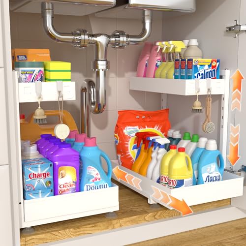 TATAANTY Under Sink Organizer 2 Pack, 2 Tier Metal Under the Sink Storage, Heavy Duty Slide out Pull out Cabinet Organizer, Height Adjustable for Kitchen Bathroom Pantry Closet Organization Rack - color: Alabaster