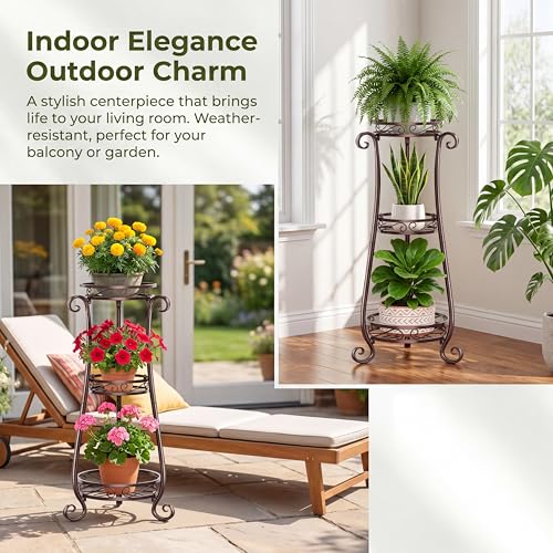 SYO 3-Tier Metal Plant Stand, Antique Bronze, Indoor Outdoor Flower Rack for Patio, Courtyard, Living Room, 33.9 in Tall