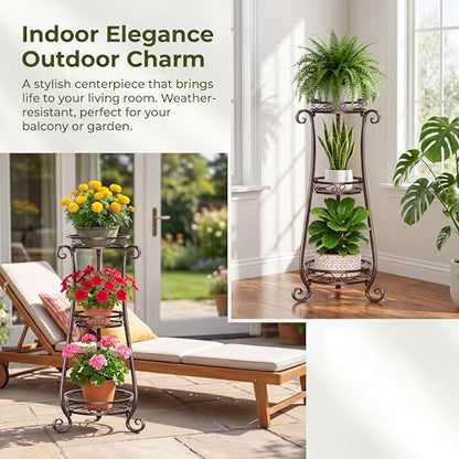 SYO 3-Tier Metal Plant Stand, Antique Bronze, Indoor Outdoor Flower Rack for Patio, Courtyard, Living Room, 33.9 in Tall