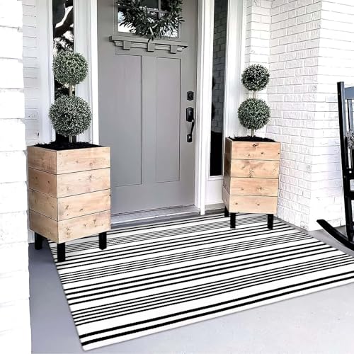 Black and White Outdoor Rug 3' x 5', Machine Washable Front Door Mats Outdoor, Cotton Hand-Woven Striped Porch Rug Entryway Rug Indoor/Outdoor Area Rug Floor Mat for Farmhouse/Living Room | Front Door Mats Outdoor Mat Cotton Woven Striped Porch Rug Entryw