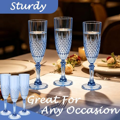 12 Pack Plastic Champagne Flutes, Blue Reusable Champagne Glass | Unbreakable Hard Plastic Mimosa Cups Bulk with Stem, Fancy Stemware for Wedding, Party & NYE Celebration - color: Blue