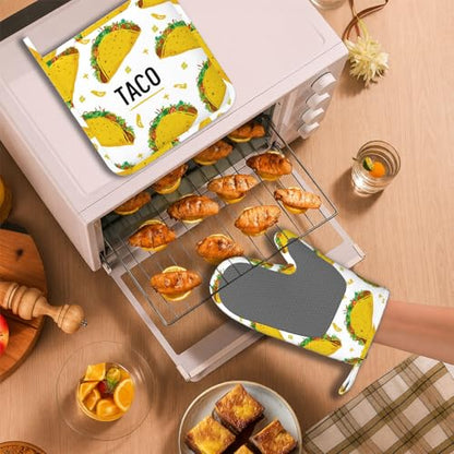 Taco Time Heat-Resistant Oven Mitts and Pot Holder Kitchen Non-Slip Silicone Cooking Microwave Gloves for Cooking Baking Grilling - color: Taco Time