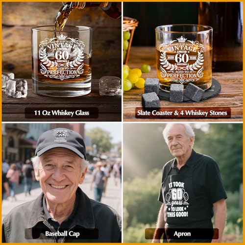 60th Birthday Gifts for Men Whiskey Glass Set, 60th Birthday Party Supplies with 11 Oz Whiskey Glass Coaster Stone Baseball Cap Apron Sock Funny Toilet Paper Keychain for Him, Dad, Husband, Friends - style: 60th Birthday