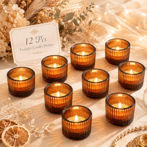 Lanttu 12 Pcs Amber Tealight Candle Holder 2" x 1.4" | Small Votive Candle Holders for Table Centerpiece, Glass Tea Light Candles Holder for Party & Home, Wedding Decor - color: Amber