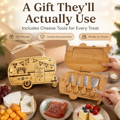Foldable RV Charcuterie Boards Gift Set for Serving with Utensils | Happy Camper Bamboo Cutting Board, House Warming Gifts New Home, Wedding, Birthday & Bridal Shower Gifts for Women Couples - size: 11.7''L x 7.9''W