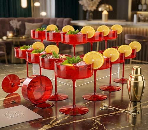 Ciaell 12 Pack Red Plastic Martini Glasses for Bars Parties | 10 oz Red Coupe Cocktail Cups, Heavy Duty Plastic, Cocktails Whiskey Margaritas Wine for Weddings Anniversaries Outdoor - color: Basic Red