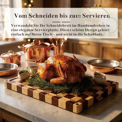 Checkered End Grain Cutting Board with Juice Groove & Handle | 17" x 12" x 1.2" Thick | Acacia & Rubber Wood | Reversible End Grain | Juice Groove | Meat, Bread & Vegetable Prep - color: Checkered Grooved Rectangular