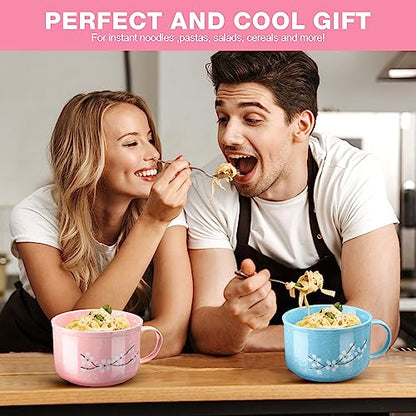 2 Pcs 30 Oz Ceramic Bowl with Lid Handle Noodle Cup,Pink, Blue | Microwave Soup Bowls for Instant Meals, Cherry Blossom Design, 2 Stainless Utensils Sets with Case for Office Dorm Lunch - color: Pink, Blue