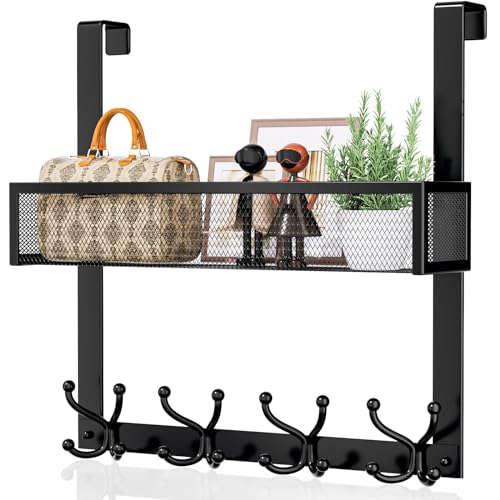Consumest Over The Door Hooks Organizer - 2 Tier Over Door Hanger with 16 Hooks & 2 Baskets for Hanging Coat, Clothing, Towel, Back Storage for Bathroom, Closet, College Dorm, Black - color: Black, size: 2 Tier
