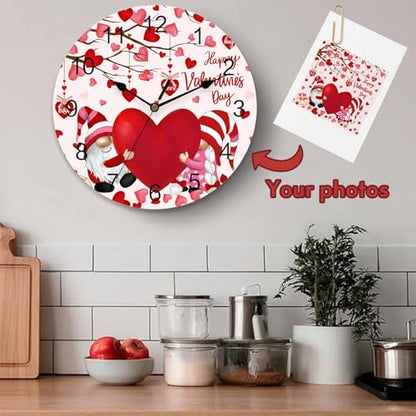 Happy Valentine's Day Silent PVC Wall Clock 12 Inch Gnomes Round Wall Clock Red Love Heart Tree Hanging Clock for Kitchen Non Ticking Battery Operated Living Room Pink Mute Clock - color: Gnomecbt5750, size: 12x12inch(30x30cm)