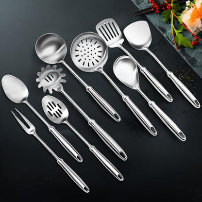 304 Stainless Steel Cooking Utensils Set, 9 PCS Metal Stainless Steel Kitchen Utensils Set, Serving Spoon, Spaghetti Spoon, Skimmer, Meat Fork etc (Dishwasher Safe)