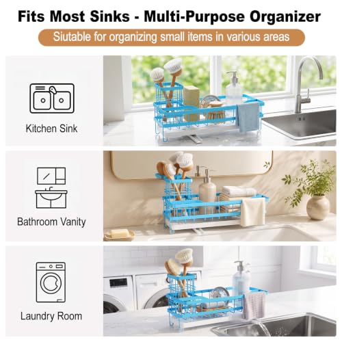 Sponge Holder for Kitchen Sink, Self-draining Sink Caddy with Towel Rack and Brush Holder, Metal Kitchen Countertop Organizers and Storage Essentials, Blue - color: Blue