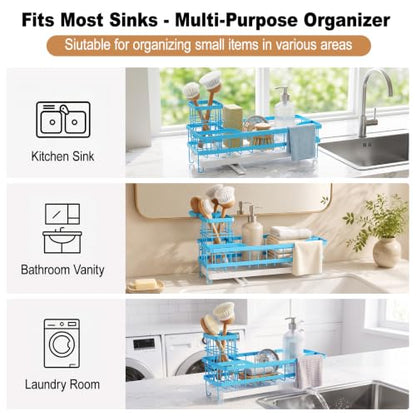 Sponge Holder for Kitchen Sink, Self-draining Sink Caddy with Towel Rack and Brush Holder, Metal Kitchen Countertop Organizers and Storage Essentials, Blue - color: Blue