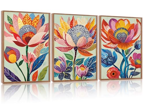 HPINUB Abstract Botanical Floral Framed Canvas Wall Art Set,(Set of 3,12X16 Inch) Colorful Dot Art Modern Flower Wall Decor,Vibrant Blooming Flowers Artwork Boho Art Print for Living Room,Bedroom - color: Abstract Botanical Wall Art