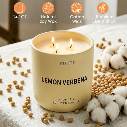 Lemon Verbena Candle, 14.1oz Large 3-Wick Soy Wax Candle, Up to 80 Hours Burn Time, Non-Toxic Aromatherapy Jar Candle with Essential Oils, Citrus Scented Candle for Home
