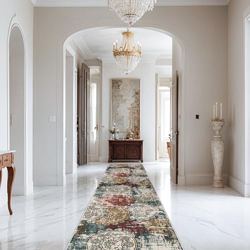 3x12 Runner Rug Long Hallway: Red Abstract Durability Non-Slip Mandala | Machine Washable Traffic Resistance No shed Low Pile Carpet Kitchen Bedroom Entryway Mudroom Vacuumable Stain-resistant - color: Red/Green/Multi, size: 3' x 12' (Rectangular)