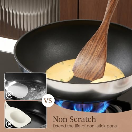 Kikcoin 10 PCS Durable Natural Teak Wooden Cooking Utensil Set, Non Toxic Wooden Spoons for Cooking, Wooden Utensil Set for Cooking with Comfort Grip, Nonstick & Easy to Clean Wood Kitchen Utensil Set - size: 10-Piece Set