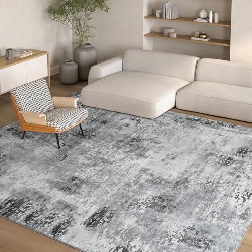 Kelarea Washable Area Rug 6x9, Non-Slip Low Pile Abstract Grey | Water & Stain Resistant, Pet Friendly, Easy Clean, Ultra Soft, for Living Room, Bedroom, Nursery, Ofiice - color: Light Grey, size: 6' x 9' (Rectangular)