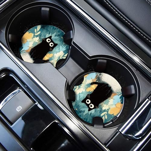 WOCOCN Cute Cup Holder Coasters for Your Car with Fingertip Grip | Auto Accessories for Women & Men,Pack of 2, Cute Black Cat - color: Cute Black Cat