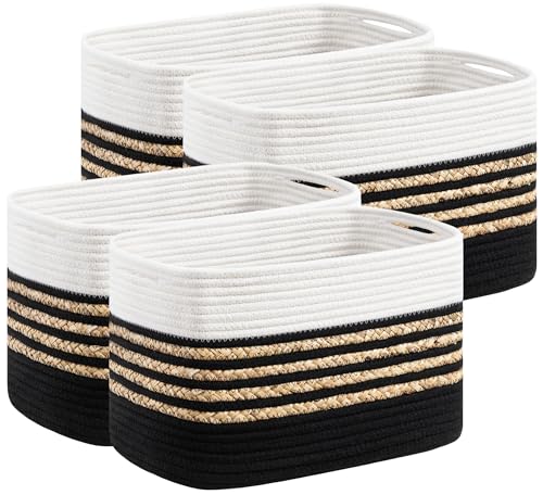UBBCARE 4 Pack Baskets for Organizing, Woven Storage Baskets for Toys and Towel, Rectangle Cotton Rope Basket with Handles, 14''L x 8''W x9''H, Black - color: Black, size: 4 Pack - 14 X 8 X 9 Inches