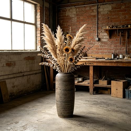 Brown Rustic Ceramic Floor Vase, 15.7 Inch, Ribbed Texture | Living Room, Entryway, Fireplace, Pampas Grass, Dried Branches - size: 15.7 Inch
