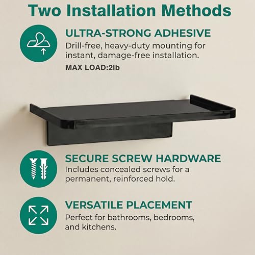 EHKIT Small Floating Shelf Heavy Acrylic Adhesive Stick on Sticky Strips/Nail Screws Wall Mount Bathroom Organizer Wipes Phone Glasses Essential Oil Perfume (Black) - color: Black