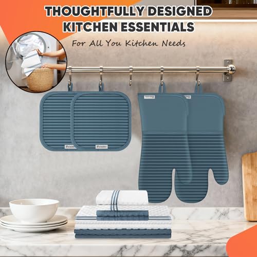 Oven Mitts Kitchen Towels and Dishcloths with Pot Holders Sets, Oven Gloves Hot Pads 500°F Heat Resistant with Silicone Grip, Include 2 Cooking Gloves/2 Potholders/4 Kitchen Towels/4 Dish Towels - color: Dusty Blue
