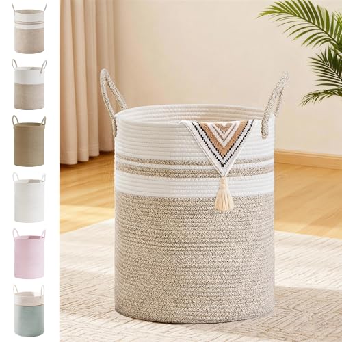 53L Tall Cotton Rope Laundry Basket with Handles, White & Brown | Storage Bin for Clothes, Blankets & Kids Toys, Boho Woven Hamper, Portable Organizer for Nursery, Bedroom, Living Room - color: Brown & White, size: 53L