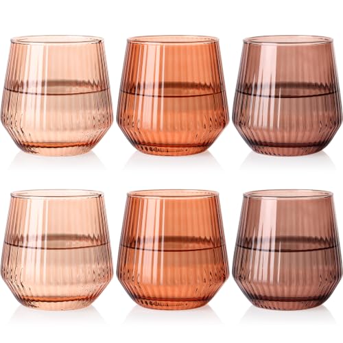 Brown Stemless Wine Glasses Set of 6, 12.5 Oz Lead-Free Ribbed Drinking Glass Cup for Wine, Cocktails, Champagne and Whiskey, Ideal Gifts for Weddings, Bars, Christmas, Halloween,Party, Daily Use - color: Brown, size: 12.5 Ounces