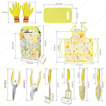 Yellow Garden Tools Set 10 Pieces, Gardening Gifts for Women | Aluminum Alloy Steel Hand Tool Kit w/Non-Slip Ergonomic Handle, Floral Print Garden Supplies Organizer Handbag, Gardening Set - color: yellow
