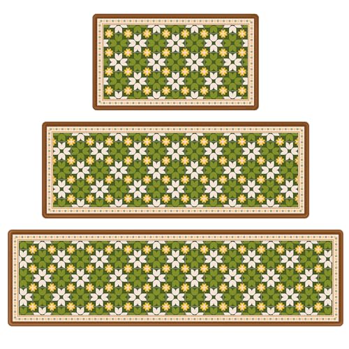 Vintage Floral Tile Kitchen Rug Sets of 3, Geometric Non Slip Mat for Floor | Thick Cushioned Anti-Fatigue Decor Runner Rug, PVC Soft Comfort Waterproof Standing Mat for Sink Laundry Front & Indoor Doors - color: Sunny Sunflower, size: 18"x30"+18"x48"+18"