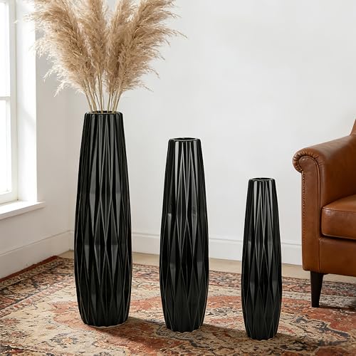 Black Tall Ceramic Floor Vase, 17.7 Inch, Ribbed Design | Matte Finish, Narrow Corners, Entryway, Bedroom, Compact Spaces - size: 17.7 Inch