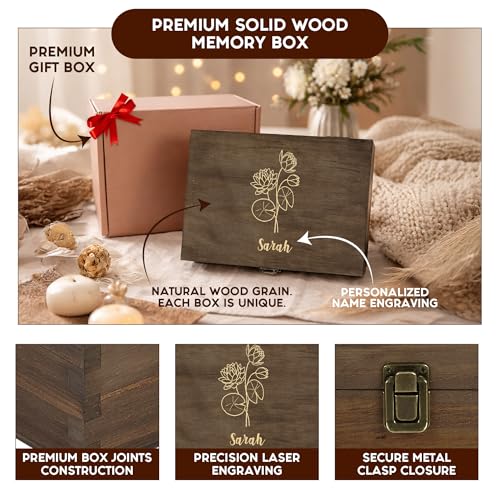 Personalized Birth Flower Memory Box – Custom Engraved Wooden Keepsake Chest with Floral Design | Jewelry, Photos & Memento Storage Box | Personalized Mother’s Day Gift for Mom & Women - style: 7. Birth Flower