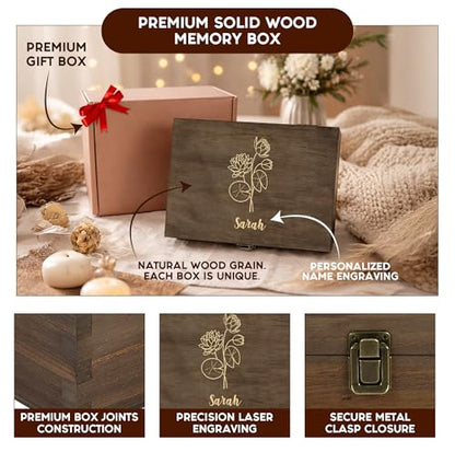 Personalized Birth Flower Memory Box – Custom Engraved Wooden Keepsake Chest with Floral Design | Jewelry, Photos & Memento Storage Box | Personalized Mother’s Day Gift for Mom & Women - style: 7. Birth Flower