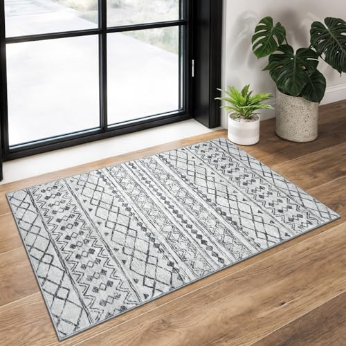 KUTA Washable Rugs for Entryway 2x3 Grey Moroccan Boho Small Area Rug | Non-Slip, Non-Shedding, Low Pile Soft Vintage Geometric Indoor Door Mat for Indoor, Entrance, Kitchen, Bathroom, Bedroom - color: Grey, size: 2' x 3' (Rectangular)