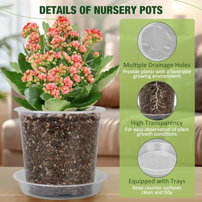10/8/6/4 Inch Clear Nursery Pots with Drainage Holes and Saucers, 12 Pack Large Clear Pots for Plants Variety Pack, Plastic Nursery Pots for Succulents, Seedings, Herbs, Flowers, Vegetables - size: 4/6/8/10 inch-With saucer