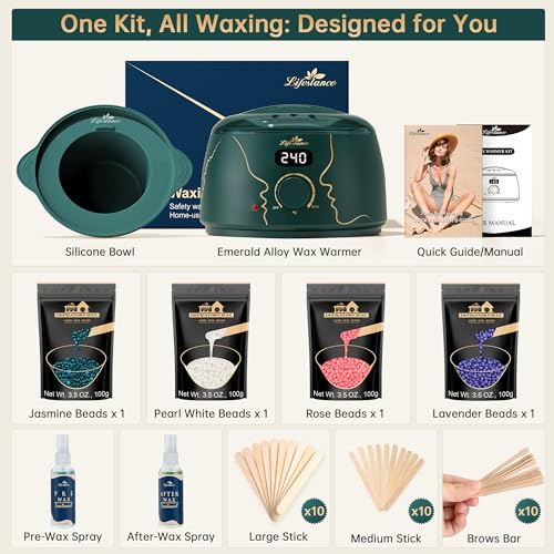 Lifestance Waxing Kit for Women & Men - L3 Emerald Alloy Digital Warmer, Silicone Wax Pot Liner, Hair Removal Kit with 14.1oz Hard Wax Beads & Oil Spray Professional for Home Brazilian Bikini Face Leg - color: Chic Enhanced LCD (Emerald Alloy) Kit