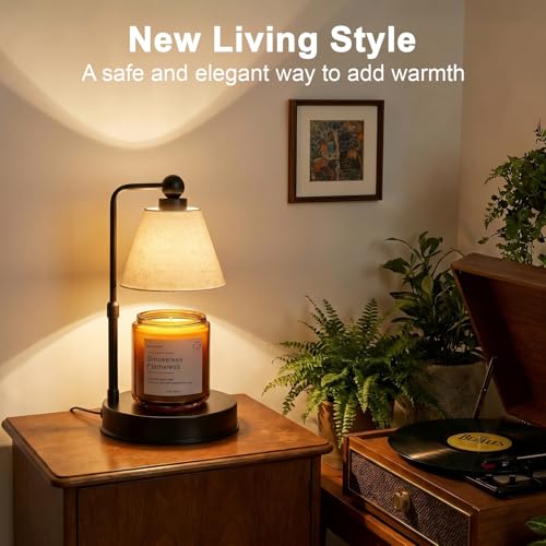 Candle Warmer Lamp with Timer, Dimmable, Adjustable Height, Modern Farmhouse Linen Shade, Black Candle Warming Lamp for Up to 6-Inch Jar Candles, 2 Bulbs Included - color: Flaxen-Conical