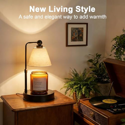 Candle Warmer Lamp with Timer, Dimmable, Adjustable Height, Modern Farmhouse Linen Shade, Black Candle Warming Lamp for Up to 6-Inch Jar Candles, 2 Bulbs Included - color: Flaxen-Conical